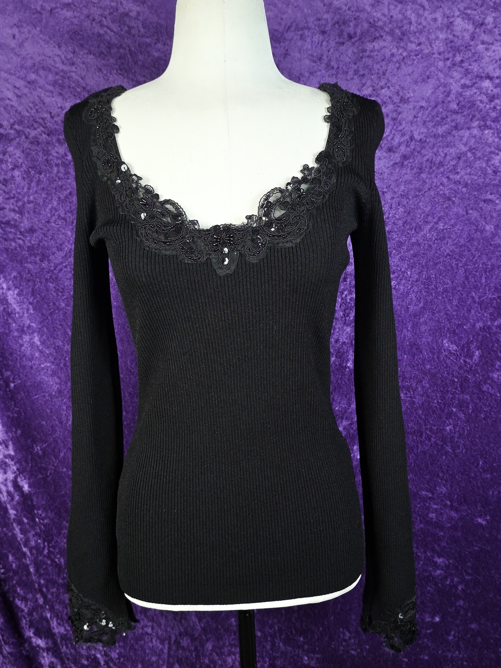 Caché Black Lace Ribbed Long Sleeve Top Sheer Beaded Sequin Vintage Gothic M